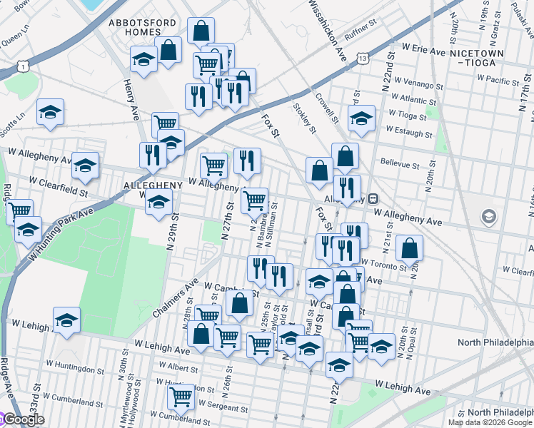 map of restaurants, bars, coffee shops, grocery stores, and more near 3141 North 26th Street in Philadelphia