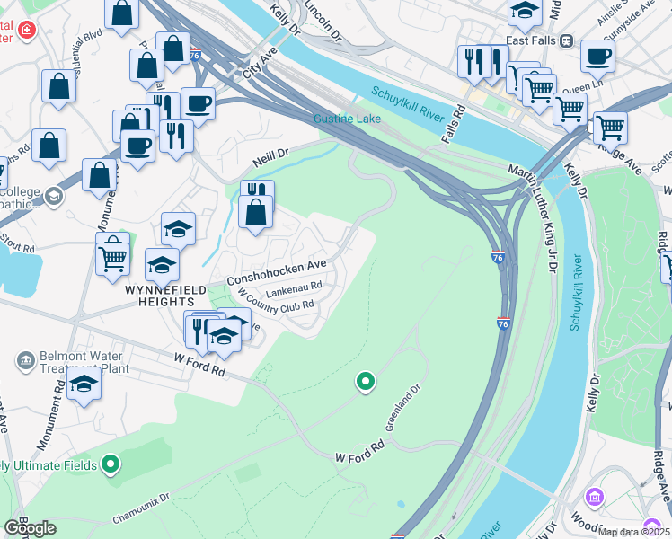 map of restaurants, bars, coffee shops, grocery stores, and more near 2765 East Country Club Road in Philadelphia