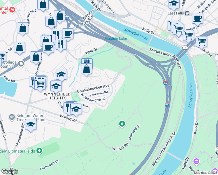 map of restaurants, bars, coffee shops, grocery stores, and more near 3716 Conshohocken Avenue in Philadelphia