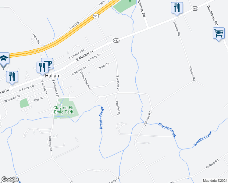 map of restaurants, bars, coffee shops, grocery stores, and more near 433 Friendship Avenue in Hallam