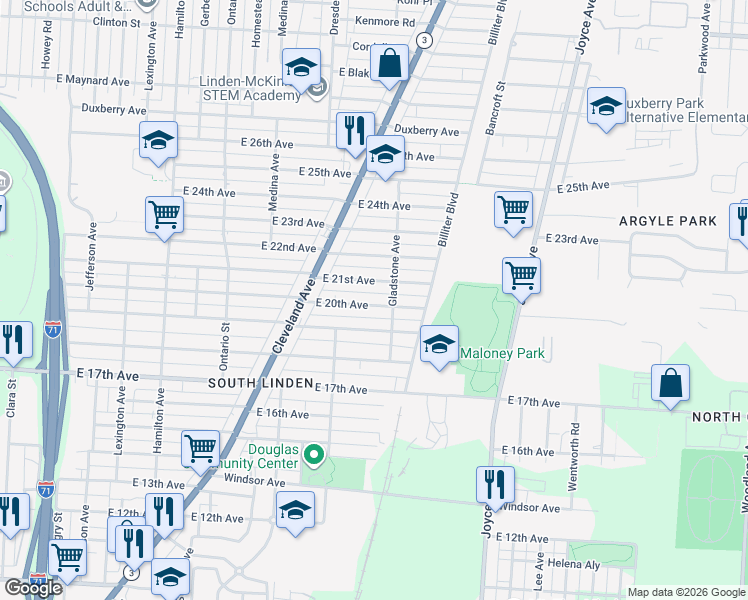 map of restaurants, bars, coffee shops, grocery stores, and more near 1385 East 21st Avenue in Columbus