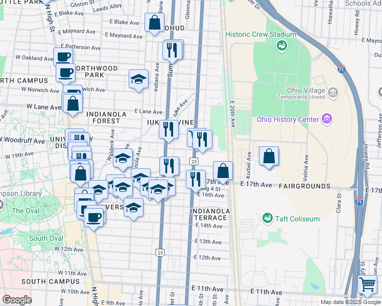 map of restaurants, bars, coffee shops, grocery stores, and more near 336 East 19th Avenue in Columbus