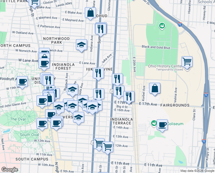 map of restaurants, bars, coffee shops, grocery stores, and more near 336 East 19th Avenue in Columbus