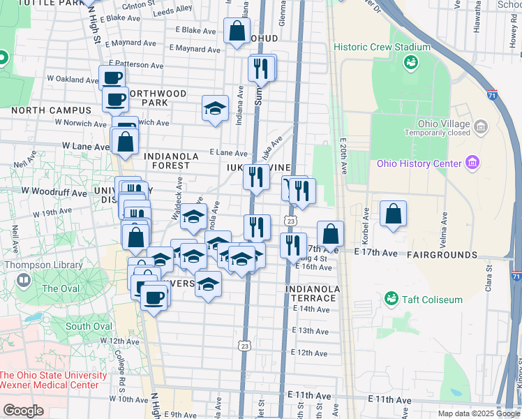 map of restaurants, bars, coffee shops, grocery stores, and more near 1975 Summit Street in Columbus