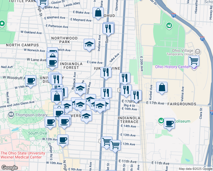 map of restaurants, bars, coffee shops, grocery stores, and more near 1975 Summit Street in Columbus