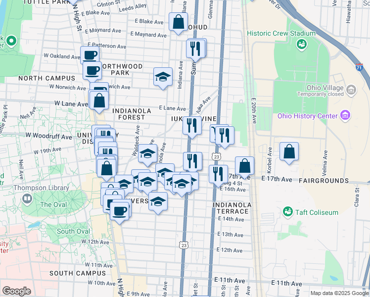 map of restaurants, bars, coffee shops, grocery stores, and more near 1975 Summit Street in Columbus