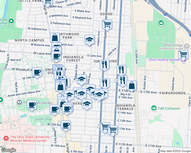 map of restaurants, bars, coffee shops, grocery stores, and more near 1986 Indianola Avenue in Columbus