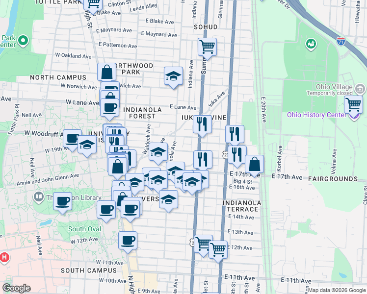 map of restaurants, bars, coffee shops, grocery stores, and more near 1986 Indianola Avenue in Columbus
