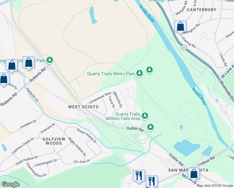 map of restaurants, bars, coffee shops, grocery stores, and more near 3384 Green River Drive in Columbus