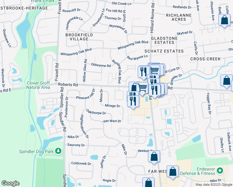 map of restaurants, bars, coffee shops, grocery stores, and more near 5571 Farmhouse Lane in Hilliard