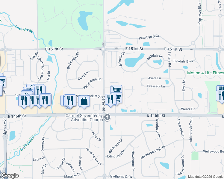 map of restaurants, bars, coffee shops, grocery stores, and more near 14751 Carey Road in Carmel