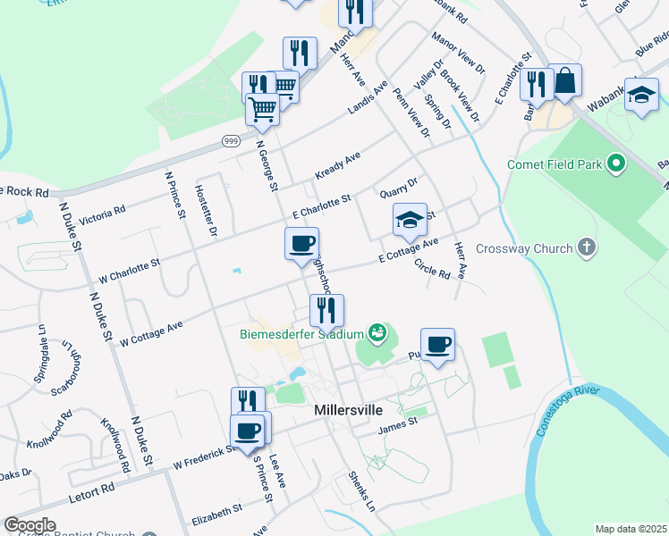 map of restaurants, bars, coffee shops, grocery stores, and more near 29 East Cottage Avenue in Millersville