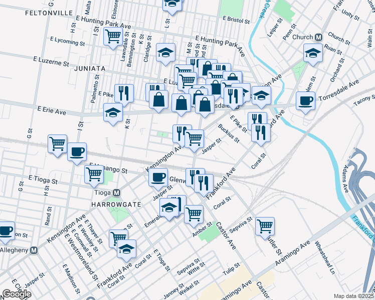 map of restaurants, bars, coffee shops, grocery stores, and more near 1816 East Airdrie Street in Philadelphia