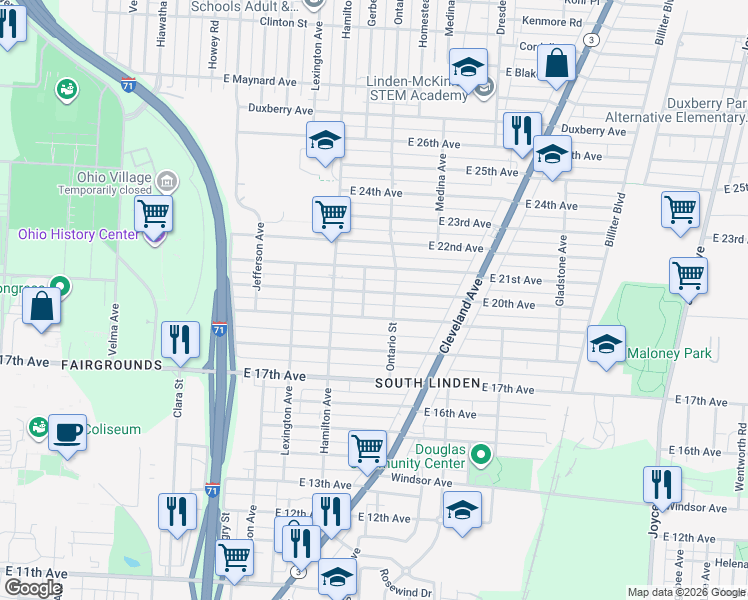 map of restaurants, bars, coffee shops, grocery stores, and more near 1106 East 20th Avenue in Columbus
