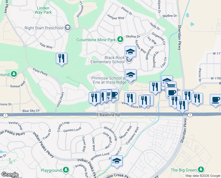map of restaurants, bars, coffee shops, grocery stores, and more near 1939 Windemere Lane in Erie