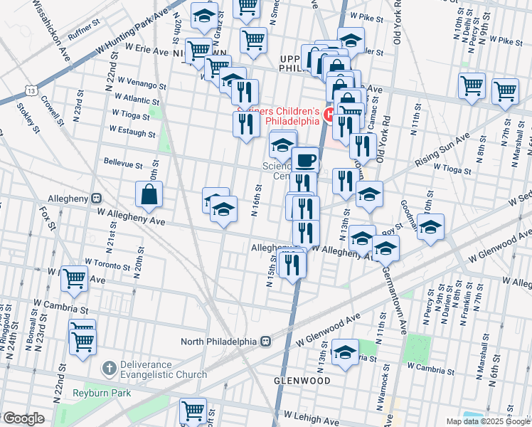 map of restaurants, bars, coffee shops, grocery stores, and more near 3240 North Sydenham Street in Philadelphia