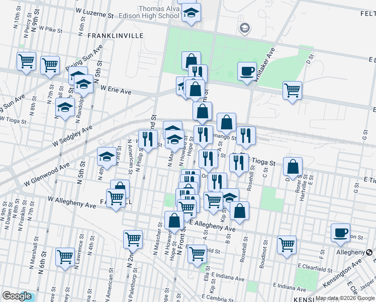 map of restaurants, bars, coffee shops, grocery stores, and more near 3507 North Howard Street in Philadelphia