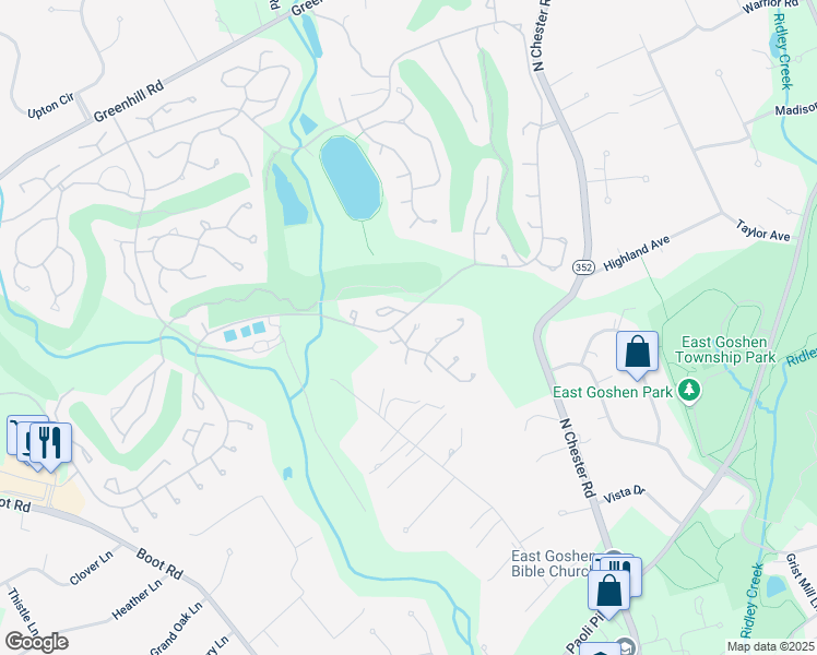 map of restaurants, bars, coffee shops, grocery stores, and more near 277 Devon Way in West Chester