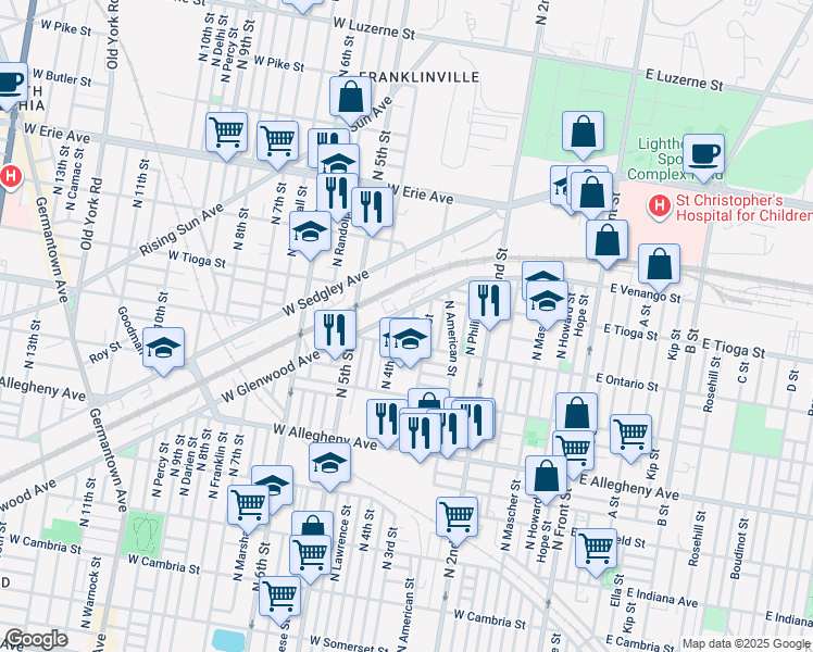 map of restaurants, bars, coffee shops, grocery stores, and more near 3424 North Orianna Street in Philadelphia