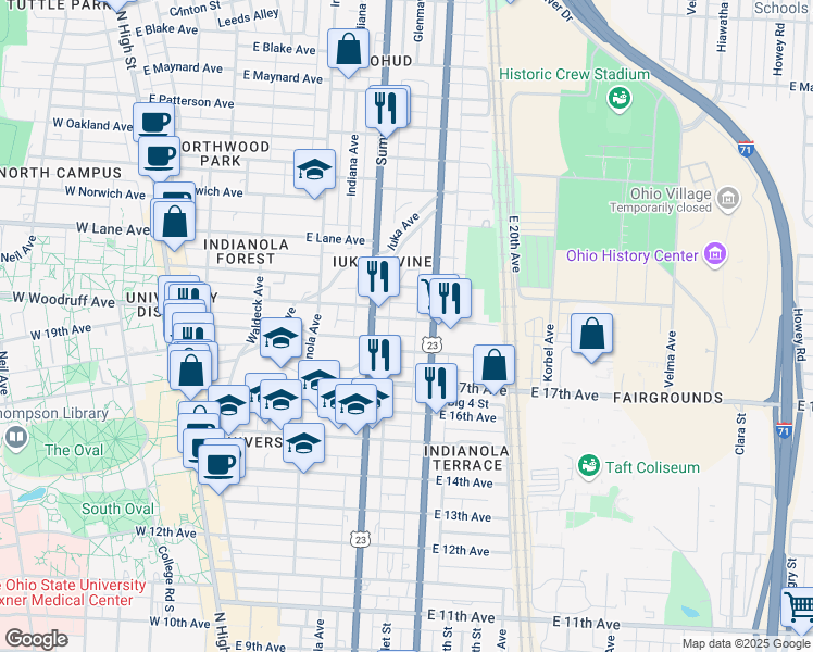 map of restaurants, bars, coffee shops, grocery stores, and more near 335 East 19th Avenue in Columbus