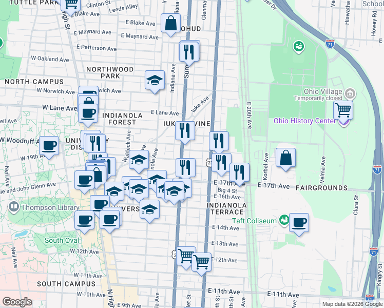 map of restaurants, bars, coffee shops, grocery stores, and more near 315 East 19th Avenue in Columbus