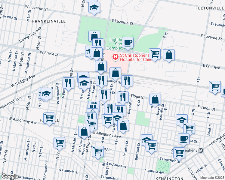 map of restaurants, bars, coffee shops, grocery stores, and more near 3509 A Street in Philadelphia