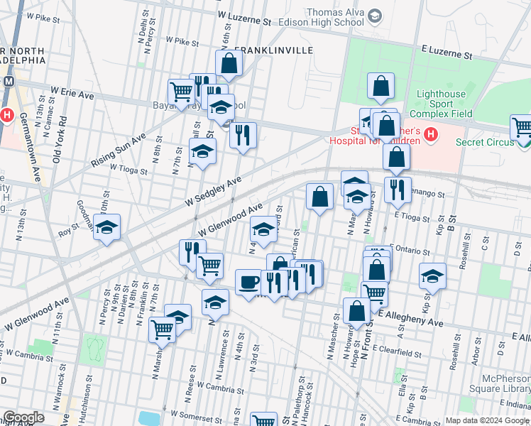 map of restaurants, bars, coffee shops, grocery stores, and more near 3424 North Orianna Street in Philadelphia