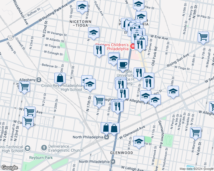 map of restaurants, bars, coffee shops, grocery stores, and more near 3242 North Sydenham Street in Philadelphia