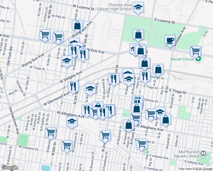 map of restaurants, bars, coffee shops, grocery stores, and more near 3458 Dillman Street in Philadelphia