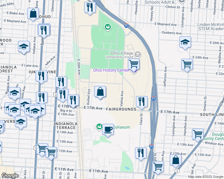 map of restaurants, bars, coffee shops, grocery stores, and more near 658 East 20th Avenue in Columbus