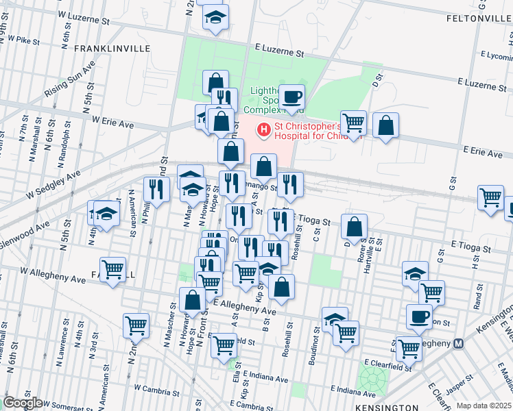 map of restaurants, bars, coffee shops, grocery stores, and more near 3509 A Street in Philadelphia