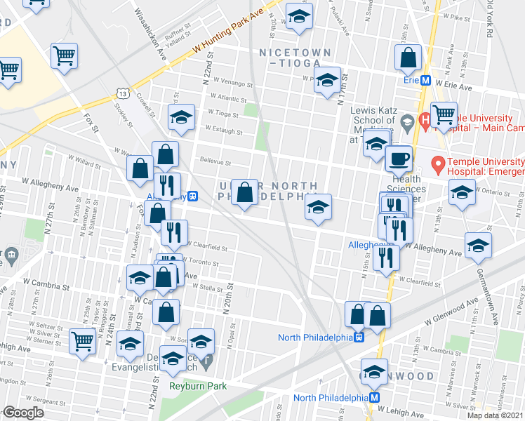 map of restaurants, bars, coffee shops, grocery stores, and more near 1910 West Hilton Street in Philadelphia