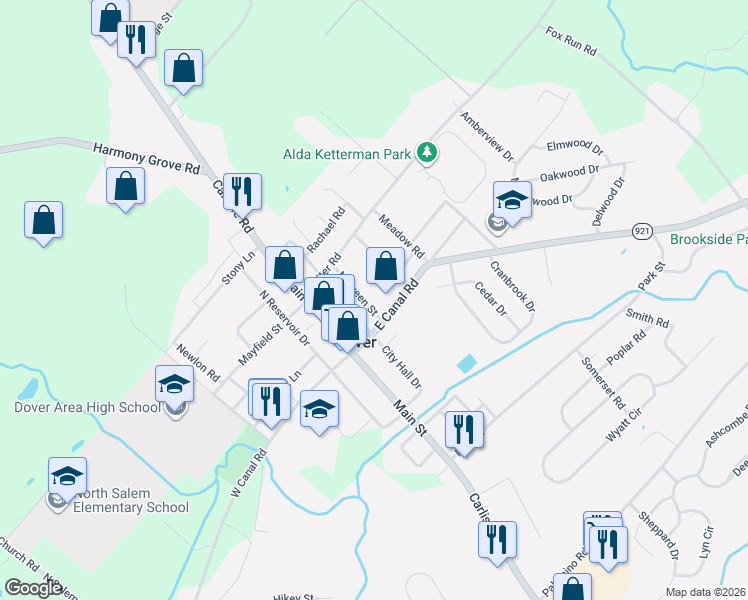map of restaurants, bars, coffee shops, grocery stores, and more near 25 North Queen Street in Dover