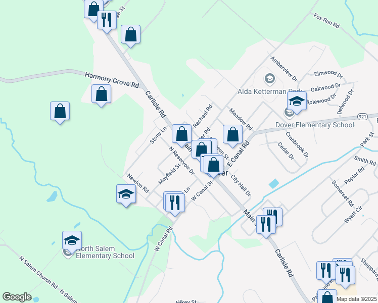 map of restaurants, bars, coffee shops, grocery stores, and more near 54 North Main Street in Dover