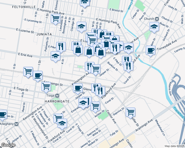 map of restaurants, bars, coffee shops, grocery stores, and more near 1816 East Airdrie Street in Philadelphia
