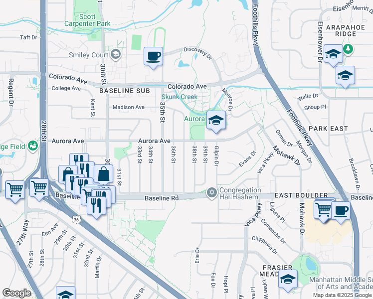 map of restaurants, bars, coffee shops, grocery stores, and more near 885 38th Street in Boulder