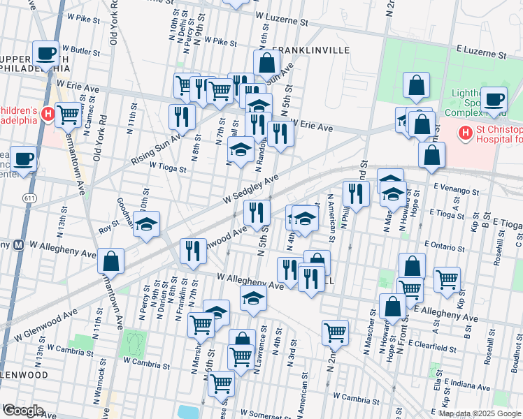 map of restaurants, bars, coffee shops, grocery stores, and more near 3427 North Reese Street in Philadelphia