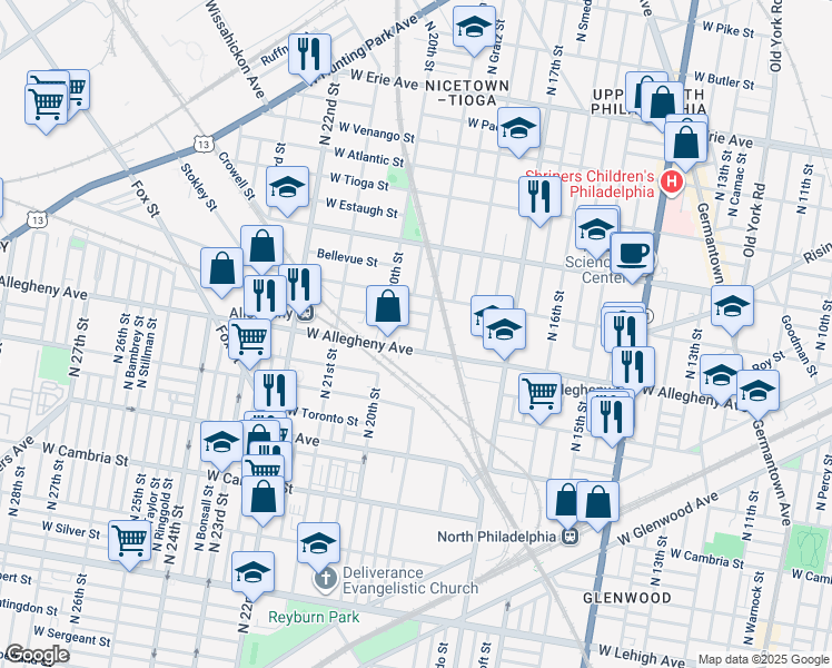 map of restaurants, bars, coffee shops, grocery stores, and more near 1910 West Hilton Street in Philadelphia
