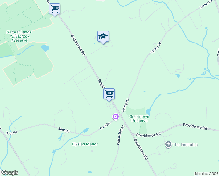 map of restaurants, bars, coffee shops, grocery stores, and more near 687 Sugartown Road in Malvern