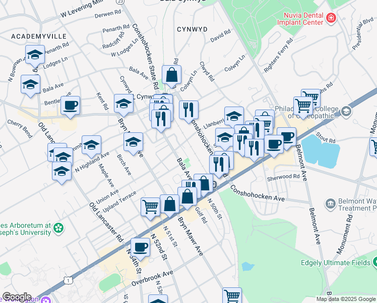 map of restaurants, bars, coffee shops, grocery stores, and more near 1 Union Avenue in Bala Cynwyd
