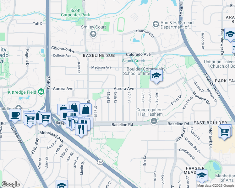 map of restaurants, bars, coffee shops, grocery stores, and more near 880 34th Street in Boulder