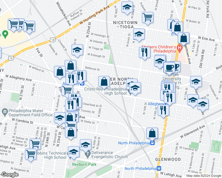 map of restaurants, bars, coffee shops, grocery stores, and more near 1914 West Hilton Street in Philadelphia