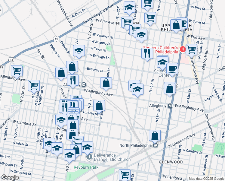 map of restaurants, bars, coffee shops, grocery stores, and more near 1918 West Hilton Street in Philadelphia