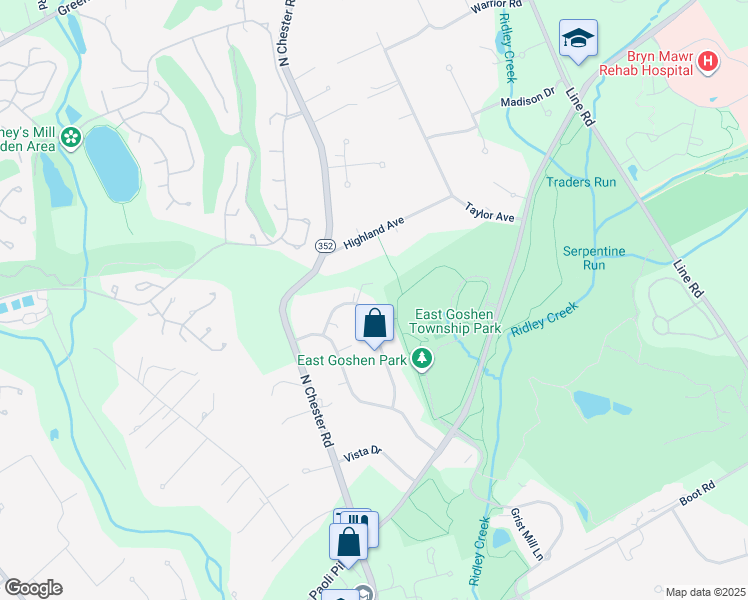 map of restaurants, bars, coffee shops, grocery stores, and more near 935 Linda Vista Drive in West Chester