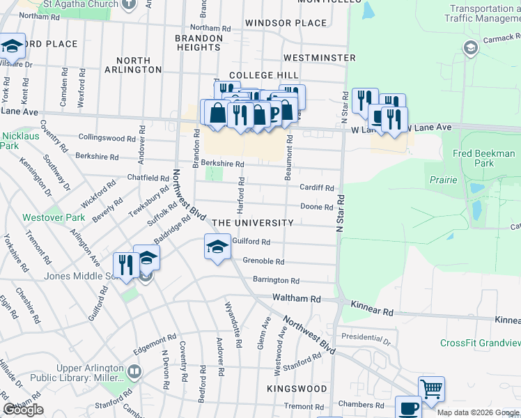 map of restaurants, bars, coffee shops, grocery stores, and more near 1646 Doone Road in Columbus