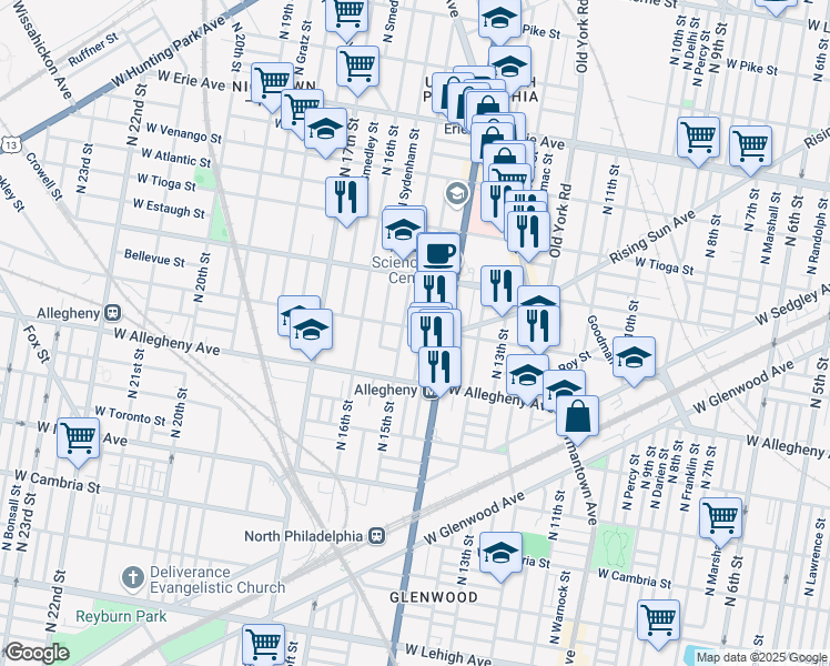 map of restaurants, bars, coffee shops, grocery stores, and more near 3258 North Carlisle Street in Philadelphia