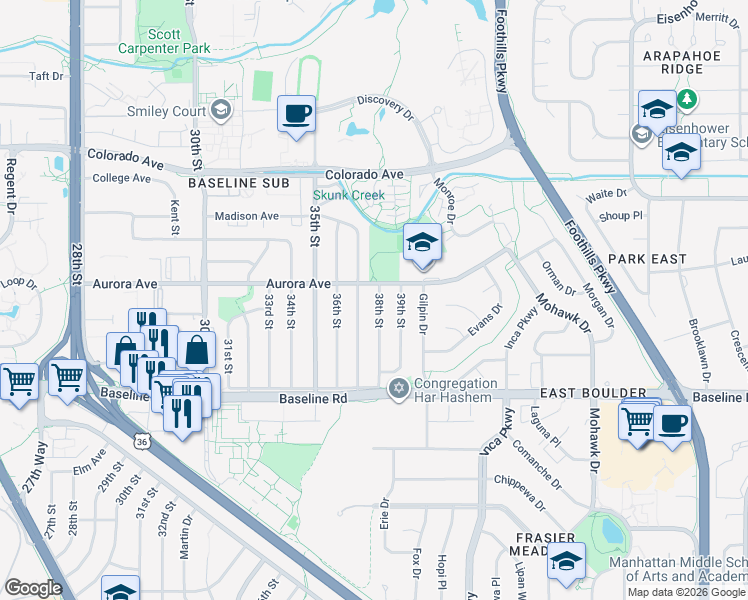 map of restaurants, bars, coffee shops, grocery stores, and more near 885 38th Street in Boulder