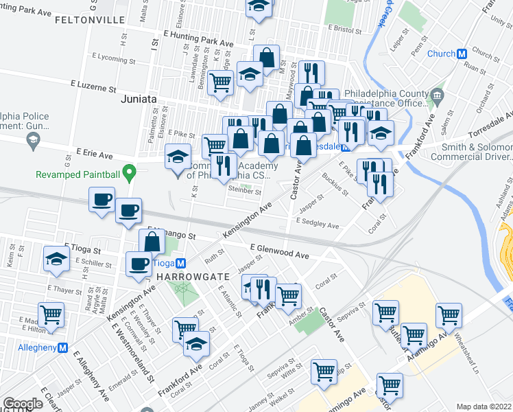map of restaurants, bars, coffee shops, grocery stores, and more near 3710 M Street in Philadelphia