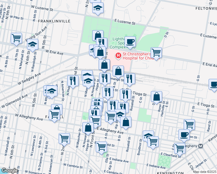 map of restaurants, bars, coffee shops, grocery stores, and more near 3506 North Water Street in Philadelphia