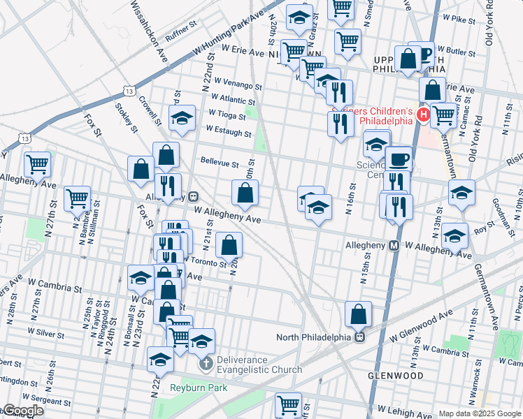 map of restaurants, bars, coffee shops, grocery stores, and more near 1914 West Hilton Street in Philadelphia
